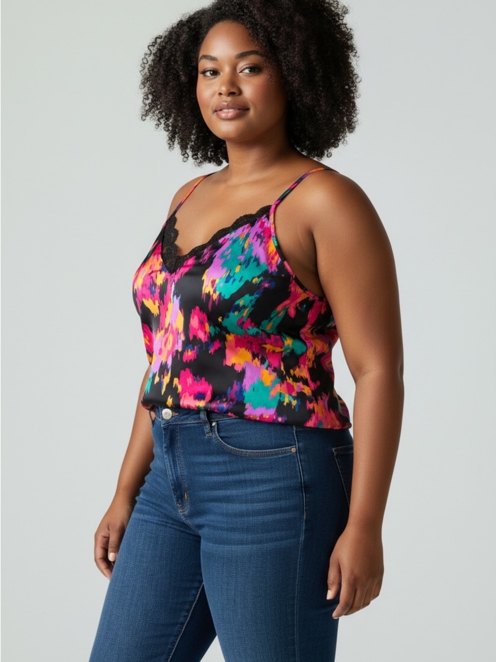 SHEIN Black Multicolor Floral Lace-Trim Cami